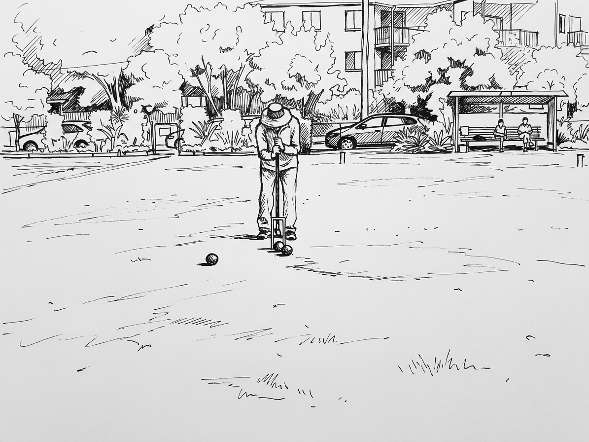 Croquet player lining up a shot on drought-stressed court